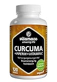 Kurkuma Kapseln hochdosiert & vegan, Piperin + Curcumin + Vitamin C, 120 Kapseln Curcuma Pulver für 6 Wochen, Natürliches Nahrungsergänzungsmittel ohne Zusatzstoffe, Made in Germany