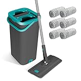 Masthome Wischmopp Set mit Eimer,2 In 1 Putzeimer mit Wischmop,Flacher Bodenwischer mit 6 Mikrofaser-Wischpads Hand-Frei Mopp Set und Eimer für Hartholz, Fliesen, Laminat, Marmor, Bodenreinigung