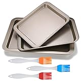3 Stk Backblech Karbonstahl,Ofenblech Kuchenblech, Backofenblech Blech, Gold Fettpfanne Backofen Tablett Rechteckige für Backofen Ofen Herd Backen Servieren, mit 3 x Silikonölpinsel