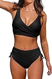 Beachsissi Damen Hoch taillierte Badeanzüge Criss Cross Drawstring Side Bikini Sets Lace Up 2 Stück Badeanzüge, Schwarz, XL