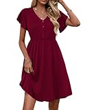 Zeagoo Sommerkleid Damen Elegant Rüschenkleid Kurzarm Minikleid Lässig Minikleid Einfarbig Swing Kleid Rotwein M