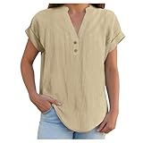 Musselin Bluse Damen Sommer Baumwolle Leinenbluse Elegant Einfarbig Blusenshirt Kurzarm V-Ausschnitt Longbluse mit Knöpfe Leicht Leinen Tshirt Button Down Tunika Tops Lässig Locker Sommershirts