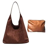 Wildleder-Hobo-Tasche für Damen, Retro-Tragetasche, Wildleder, lässige Tasche, Hobo-Handtasche, Büro-Tragetasche, Handtasche, mit Clutch aus PU-Leder, Dunkelbraun, Einheitsgröße