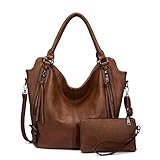 Realer Damen Handtaschen Groß Shopper Lederhandtasche Schultertasche Umhängetasche Geldbörse Hobo Damen Taschen Set für Büro Schule Einkauf Reise 2pcs Braun