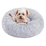 Feandrea Hundebett flauschig, Katzenbett, Donut Kissen, waschbar, Polsterung in der Mitte herausnehmbar, Langer Plüsch, 50 cm Durchmesser, Ombré-Grau PGW037G01