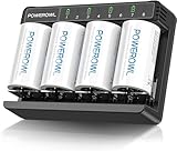 POWEROWL D Akku mit Akkuladegerät - Mono D Akku 4 Stück 1,2V NI-MH 10000mAh, Ladegerät für C/D/AA/AAA Akku, Micro USB Schnellladung