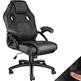 tectake® Racing Bürostuhl, Gaming Stuhl mit Wippfunktion, Chefsessel, Drehstuhl mit Rollen, höhenverstellbarer Schreibtischstuhl, Bürostuhl ergonomisch, PC Stuhl - schwarz