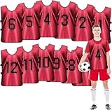 OGMBI 12er Set Trainingsleibchen mit Nummern, Wendeleibchen für Fußball Basketball Handball, Atmungsaktive Teamwesten für Erwachsene und Jugendliche (Rot)