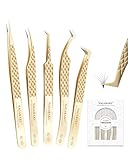 NAGARAKU Faserspitze Wimpernpinzette 5-teiliges Set Professionelle Präzisionspinzette Gerade Gebogene und Volumen Fächer Pinzetten Gold Edelstahl Präzise Schließung Leicht Dünn Fiber Tip Tweezers Set