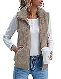 IECCP Fleecejacke Damen Teddy Fleece Weste Damen Herbst Winter Warm, Outdoor Weste mit Stehkragen Eingrifftaschen Reißverschluss(Kamel,M)