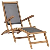 vidaXL Teak Massiv Liegestuhl mit Fußablage Klappbar Sonnenliege Gartenliege Deckchair Gartenmöbel Holzliege Liege Relaxliege Schwarz