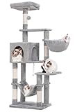 Hey-brother Kratzbaum, 154 cm Stabil Katzenbaum, Katzenkratzbaum mit Sisalseil, Hängematte, Korb, Haus and Plattform, Hellgrau EMPJ050W