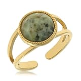 Made by Nami Boho Ring Gold Damen mit Edelstein Ring Verstellbar aus Chirurgischem Edelstahl 316 Geschenke für Frauen Wasserfester Schmuck (Grauer Stein)