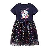 JinBei Kleid für Mädchen Pailletten Einhorn Tüll Marine Kleider Kinder Baumwolle Kurzarm Sommer Cartoon Pferd T-Shirt Kleid Alter 5-6 Jahre