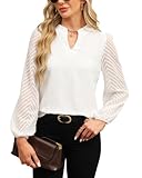 Atxnn Damen Blusen Spitze Langarm Oberteile Elegant Chiffon Tops V Ausschnitt Lässige Blusenshirt Arbeit Shirt Hemd für Frühling und Herbst, Weiss XL