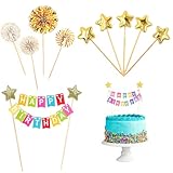 ZAMXHUG Kuchen Topper Bunting - Alles Gute zum Geburtstag Tortendeko Set, Regenbogen Kuchen Dekorationen, Golden Sterne Papierfächer Tortendekoration, Banner bunt für Geburtstagsfeier(10pcs)
