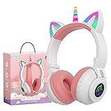 hisonic kinderkopfhörer ab 3 Jahre Bluetooth, Over-Ear Bluetooth Einhorn Kopfhörer, mit Bunte Lichter, Faltbare, Einstellbar, Kabellos und Kabel, Eingebautes Mikfon für Mädchen. (Weiß)