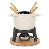 La Fonderie 1890 Mont Joly Fondue-Set aus Gusseisen für 4 Personen, für Käse- und Schokoladenfondues, Spritzschutzdeckel, 4 Gabeln mit Buchenholzgriffen, Kapazität 1,2L
