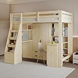 Lubvtti Hochbett, 90 x 200 cm, Arbeitsplatte mit Ablagen, Leiter mit Stauraum und Schubladen, Einzelbett aus Massivholz, natur (Matratze nicht im Lieferumfang enthalten)