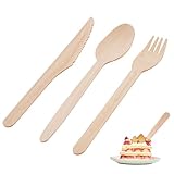 Huoflame Holzbesteck Set 200 Stück – 100 Gabeln, 50 Löffel, 50 Messer – Kompostierbares Einwegbesteck für Grillparty, Picknick, Hochzeit, Camping – Plastikfrei & biologisch abbaubar