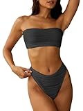 ZAFUL Strukturiertes, hoch geschnittenes Bandeau-Bikini-Set mit Schnürung am Rücken, Gepolstert Zwei Stück Niedrige Taille Badeanzug-Badebekleidung für Damen (1-Dunkelgrau,M)