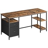 VASAGLE Computertisch, Bürotisch, Schreibtisch, mit 3 Ablagen, 2 Schubladen, 160 x 60 x 76 cm, fürs Büro, Wohnzimmer, Industrie-Stil, vintagebraun-schwarz LWD105K01