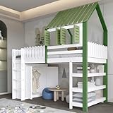 Dolamaní Hochbett Kinderbett 90x200 cm mit Rausfallschutz, Hausbett mit Grün Dach und Fenster, Reichlich Stauraum mit Schrank und offenes Lagerregal (Weiß+Grün)