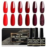 Shining She UV Nagellack Rot,6 Farben Glitzer Rot Burgunder Dunkel Gel Nagellack Set Soak-Off UV Schellack nagellack Maniküre Set für Anfänger Nail Art Salon DIY, 8ML