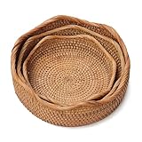 RT&BS Rattan Brotkörbe zum Servieren, Handgefertigter runder Obstkorb, handgewebte Obstschalen für Küche, Geschäft, Restaurant, Outdoor, Party (Honigbraun, 3 Stück)