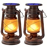 Led Vintage Solar Laterne Solar-LED-Sturmlampe Warmweiß Ultra Helle Solarlaterne Für außen Retro Design Led Laterne Outdoor Mit Flammen-Effekt Wasserdicht Campinglampe Für Garten,Draußen (2Pack)