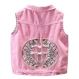 SXSHUN Weste Mädchen Jeansweste Kinder Jeans Jacke Ärmellose Denim Jacket Chinesischer Stil Kinderjacke Cowboy Mantel Frühling und Herbst, Rosa, 134-140