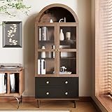 Juabett Gewölbte Glas Vitrine mit Verstellbare Regale, 70*38*165cm Vitrinenschrank mit Glastüren, Bogen Glasvitrine mit 2 Schubladen &4 Display Regale, Walnuss Standvitrine für Wohnzimmer Schlafzimmer