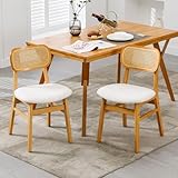 Ya-Home Esszimmerstühle 2er Set Kunstfell Küchenstühle mit Rückenlehne Akzentstühle Rattan Polsterstuhl mit Massivholzbeinen für Esszimmer/Wohnzimmer/Küche, Beige