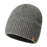 TOP-EX XL/XXL 100% Merinowolle Beanie Mütze, Wintermuetze Herren Damen, Fisherman Beanie Trawler Mütze, Strickmuetze, Warme Fleece Futter Grau M/L