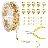 Gliederkette Gold zum Basteln 3.6m 14 x 4mm Büroklammerkette mit Pinzette, Edelstahl Schmuckkette mit 10 Karabinerverschluss und 30 Biegeringe für Halsketten Armbänder und Schmuckherstellung