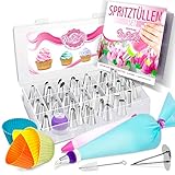 MoNiRo Spritztüllen Set aus Edelstahl - XXL Set mit Tüllen & Silikon Spritzbeutel mit Tüllen - Profi Backzubehör mit Cupcake Förmchen und viel Backzubehör - Backset - Tortenspritze – Spritzsack