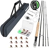 TOPFORT Fliegenfischrute und Rolle Combo Starter Kit, 4-teiliges leichtes Ultra-tragbares Graphit-Fliegenrute, komplettes Starterpaket mit Tragetasche