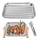 Huucozn 2 Stück BBQ Grillschalen aus Edelstahl mit 1 Grillzange, 34.9 x 24.5 x 2.7 cm Edelstahl Grillkorb Wiederverwendbare Grillschale Grillschale Gemüsekorb Grillpfanne Grillblech für Alle Gasgrill