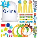 Okima 25 Stücke Tauch Spielzeug,3 Tauchringe, 4 Tauchstöcke,3 Oktopus-Spielzeug,3 Fischspielzeug und 12 Piratenschätze,Unterwasser Schwimmbad Spielzeug für Kinder mit Aufbewahrungstasche