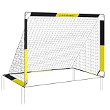 LARMNEE Fußballtor für Kinder, Fußballtortrainer, tragbares und faltbares Fußballtor, 2-in-1-Fußballtor mit Torwand, 5 Löcher, mit Tragetasche und Bodennägeln, für Garten, Schwarz und Gelb EBY120FG02