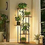 Bamworld Blumenständer mit Pflanzenlampe, 5 Ebenen Pflanzenregal Metall Holz, LED Pflanzenlicht Indoor, Pflanzentreppe für Wohnzimmer Balkon Schlafzimmer Dekoration