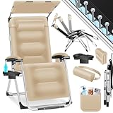 KESSER® Sonnenliege Liegestuhl,Gartenliege Wetterfest, Belastbar 200kg, Ergonomisches Polster verstellbare Rückenlehne inkl. Nackenkissen Getränkehalter Armpolster & Seitentasche mit Dach Beige