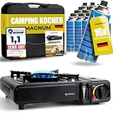 Magnum® Gaskocher inkl. 16 Gaskartuschen [Testnote: Sehr gut] Campingkocher mit Piezozündung [Notfall Ausrüstung] - Camping Gaskocher stufenlos regulierbar - Gaskocher Camping