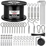 TooTaci 3mm Drahtseil-Kit, 60m schwarzes Vinyl beschichtetes Edelstahldrahtkabel, 7×7 Litzen Kern, M5 Spannschnallen für Kabel Draht, Spanndraht für String Licht hängende Kit, Wäscheleine, Gartendraht