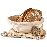 Praknu Gärkorb zum Brotbacken - Aus nachhaltigem Rattan - Rund - 25cm - Set inkl. Bürste, Leineneinlage & Brotbeutel - Geruchsneutral