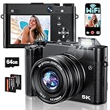 Digitalkamera Optischer Zoom 6X, 5K 64MP Kamera Fotokamera mit WLAN, Kompaktkamera Autofokus, Blitz, Anti-Shake Vlog Kamera Selfies mit 64GB Karte, 2 Akkus für Einsteiger