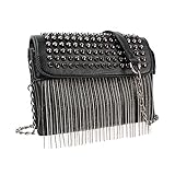 MilyaDE Damen Kette Fransen Nieten Umhängetasche Punk Clutch Schultertasche Fransentasche mit Ketten Umhänge Gurt, Horizontal