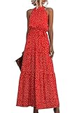 EFOFEI Damen Einfarbiges Swing Kleid Sexy Lässiges Date Kleid Business Casual Kleid Langes Sonnenkleid Mit Gürtel Punkt Orange Rot M