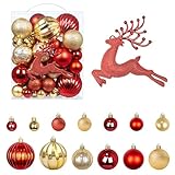 AN HUI MING Weihnachtskugeln Rot Gold, 50 Stück Weihnachtsbaum Kugeln Set, Rote Weihnachtskugeln Plastik Christbaumschmuck, 20 * 11 * 24 cm Christbaumkugeln Geschenke Christmas Balls-red Deer