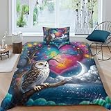 Eule Bettwäsche Set Weiches Microfaser Bettbezug Mit 3D Fantastischer Nachthimmel-Motiv Mit Reißverschluss & Kissenbezug Für Minderjährige Und Erwachsene Single（135x200cm）